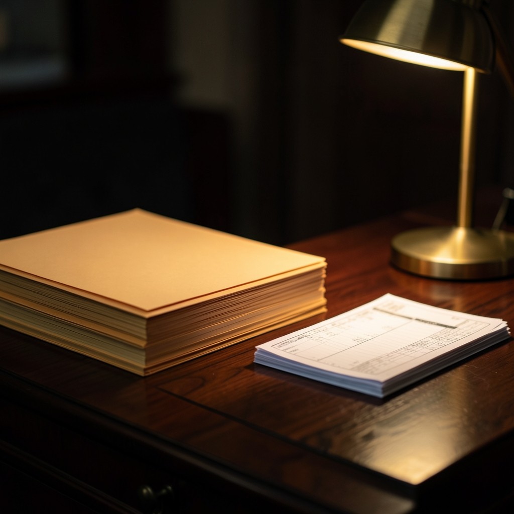 Neat folders and printed shipping logs on a dark wood table beside a brass lamp