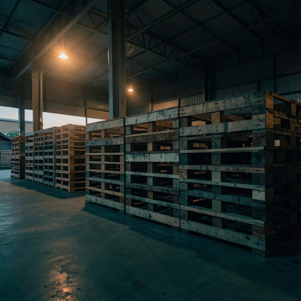 Warehouse loading bay at dusk with stacked pallets and soft industrial light