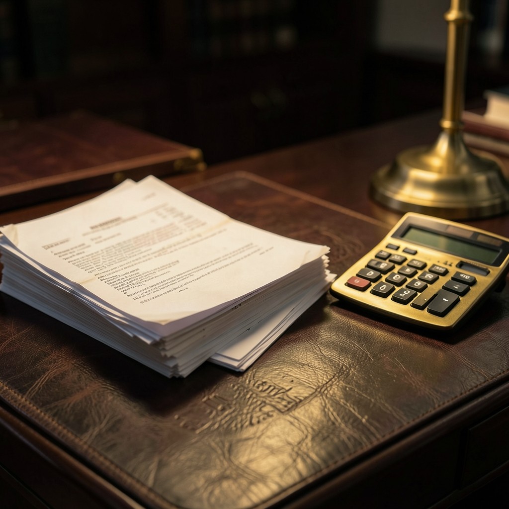 Close view of invoice pages and a calculator on a dark leather desk blotter