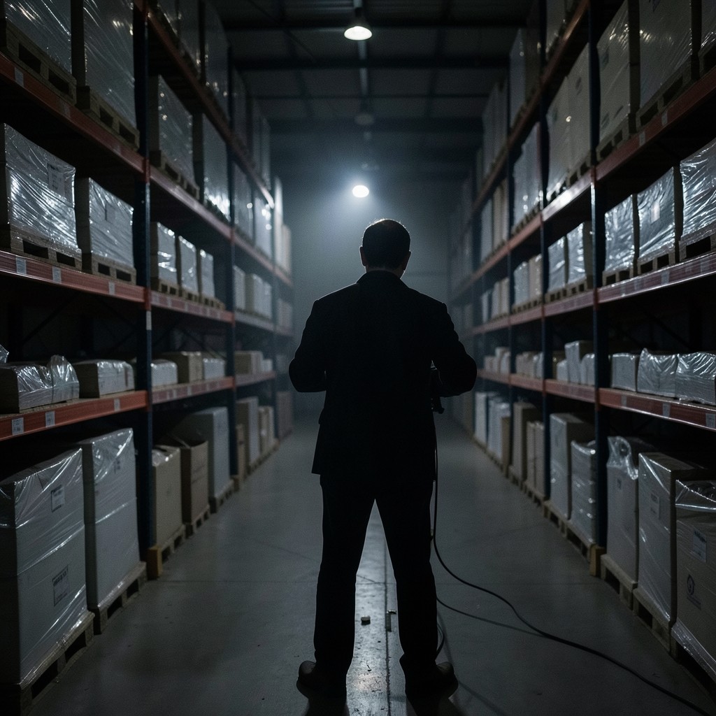Inspector examining packaged goods under focused task lighting in a quiet warehouse aisle