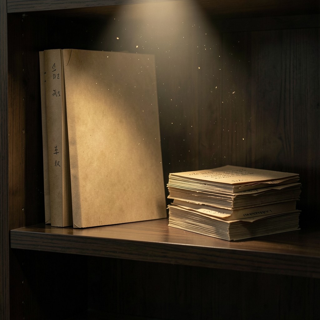 Category spend notes and supplier folders stacked on a dark office shelf