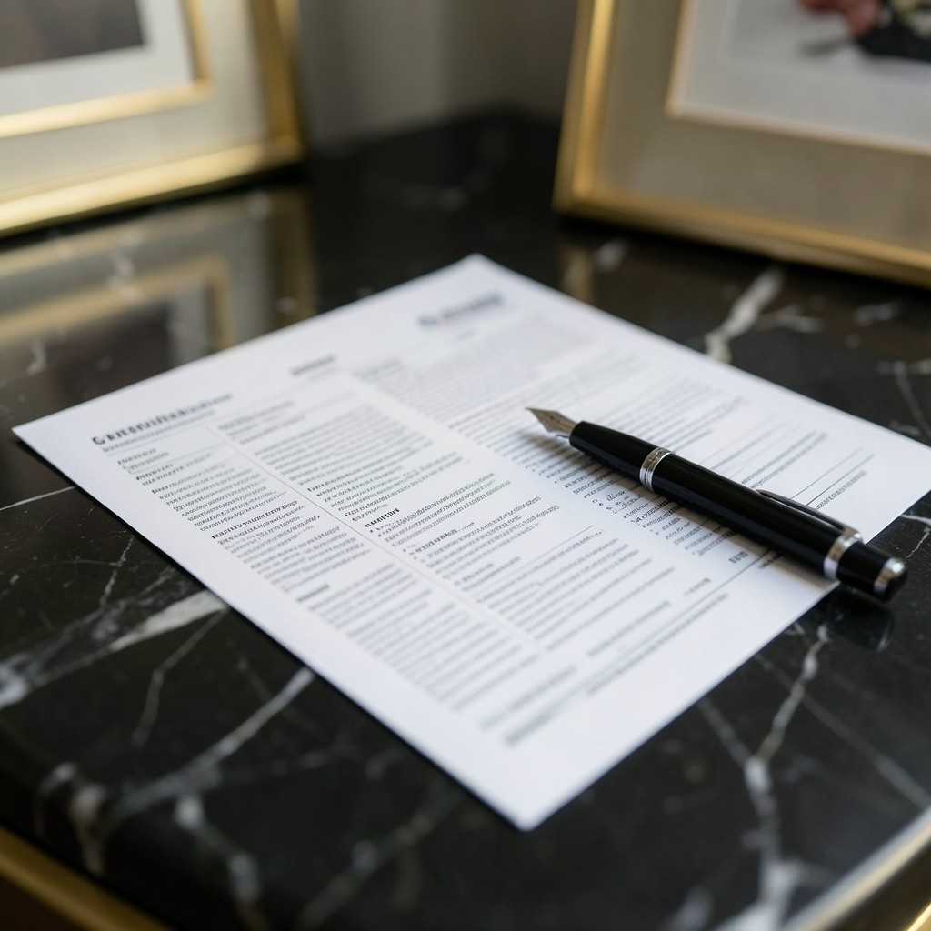 Two printed supplier comparison sheets beside a fountain pen on dark marble