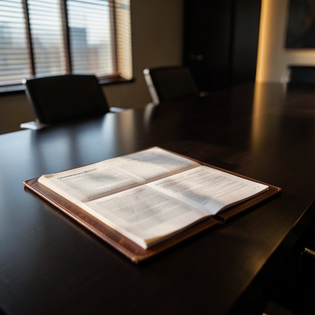 Quarterly review binder open on a conference table with soft window light