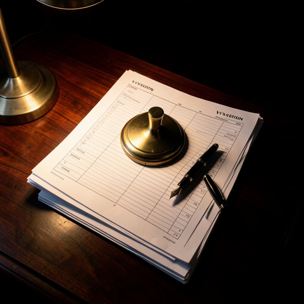 Printed vendor scorecard sheets arranged on a dark walnut desk under warm desk light